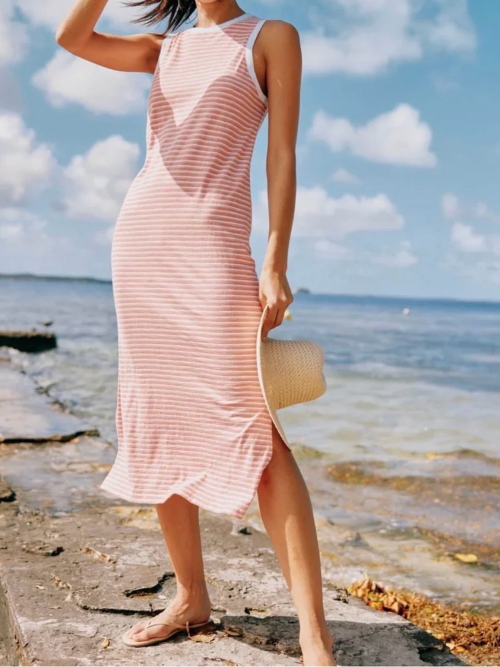 Southern Tide Sun Farer Coral and White Striped Midi Dress